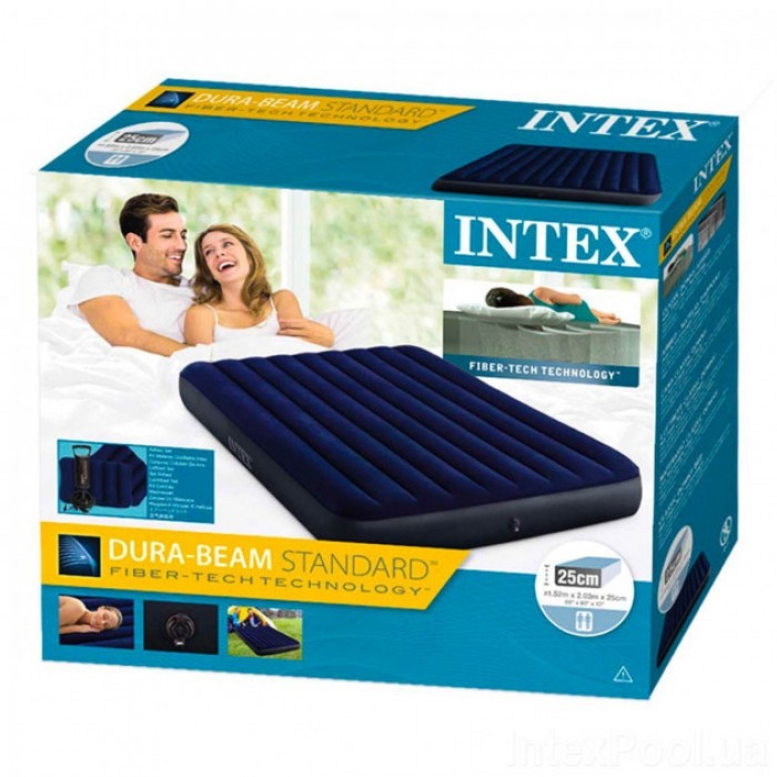 Двомісний надувний матрац Intex 64765 (152×203×25 см) з насосом та двома подушками — купити в Україні