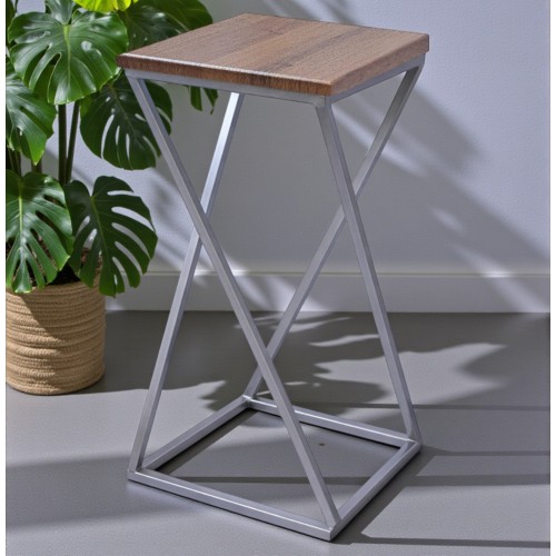 Підставка для вазона лофт Вектор 65 см на металевому каркасі хром / горіх